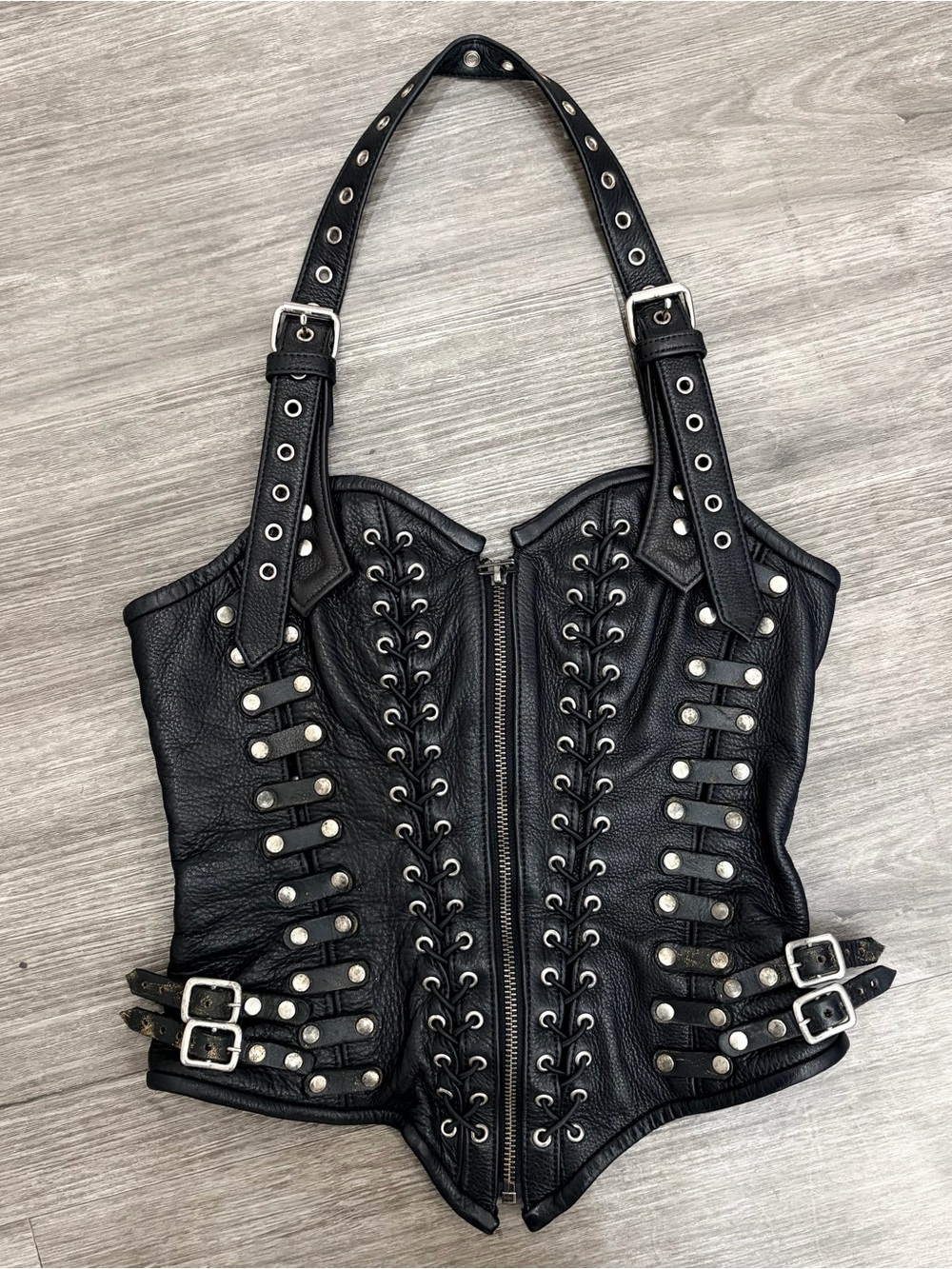 Ginzi black genuine leather corset with buckles and eyelets